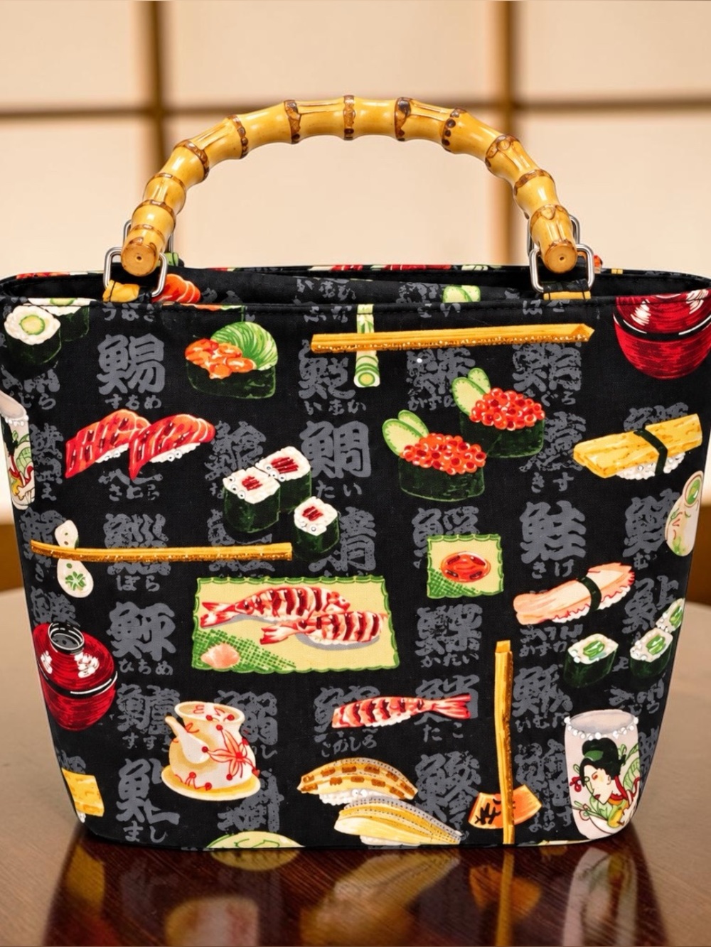 Far Nine Sushi Print Bamboo Handle Beaded Novelty Purse